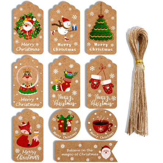 🎁Kraft Christmas Gift Tags - 50-Pack (10 Designs + Red Cord)