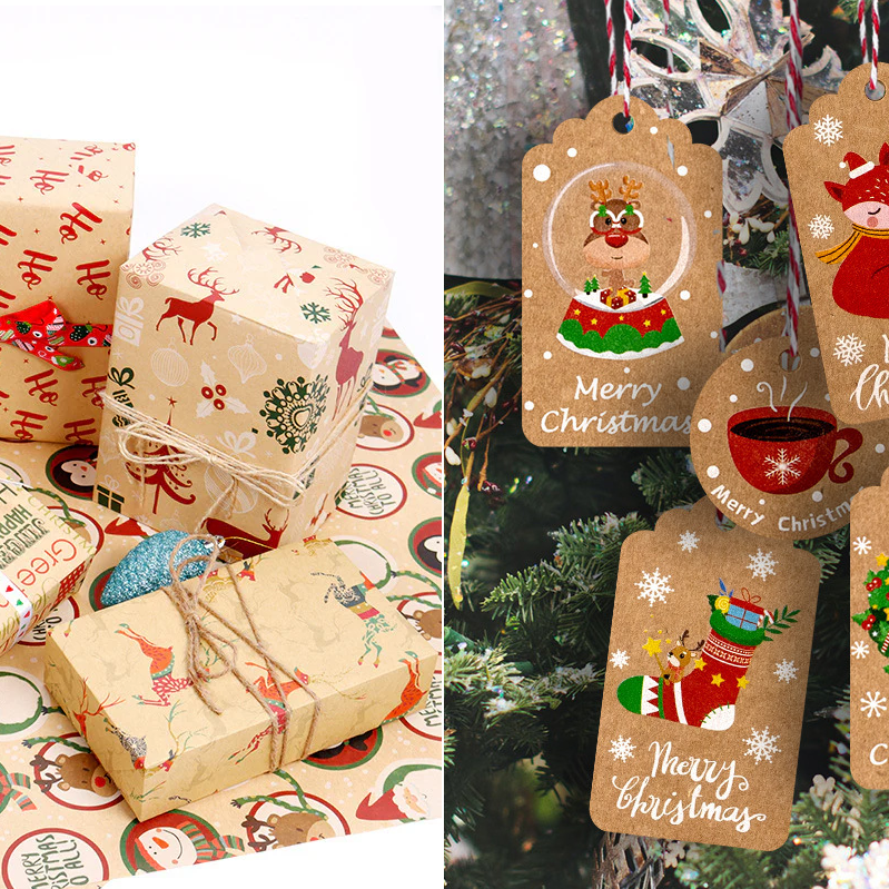 🎁 Christmas Wrap & Tag Kit - Kraft Paper + 50 Tags